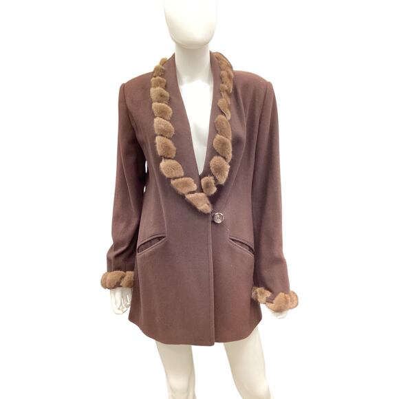 Vintage Marvin Richards Women’s Blazer Size M Lambswool Mink Trim Long Brown - Picture 1 of 5